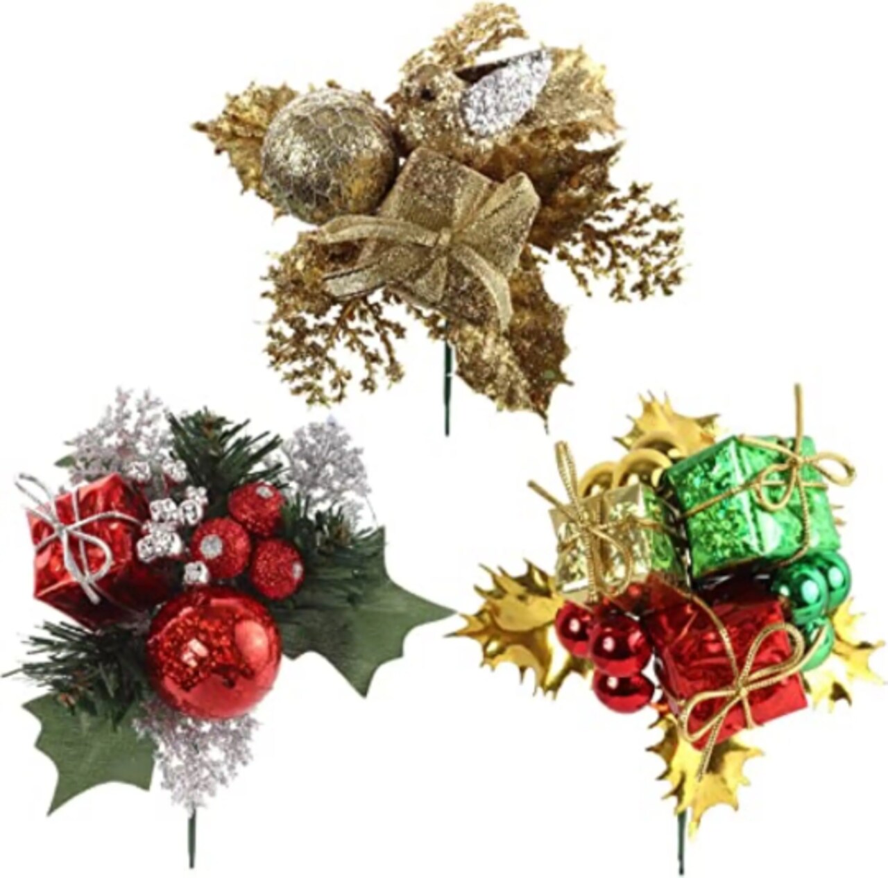 Assorted Mixed Christmas Picks, Set of 24, 3 Unique Vibrant Festive Styles, Trees, Wreaths, & Garlands, Parties & Events, Home & Office Decor, Floral Home by Artificial Flowers